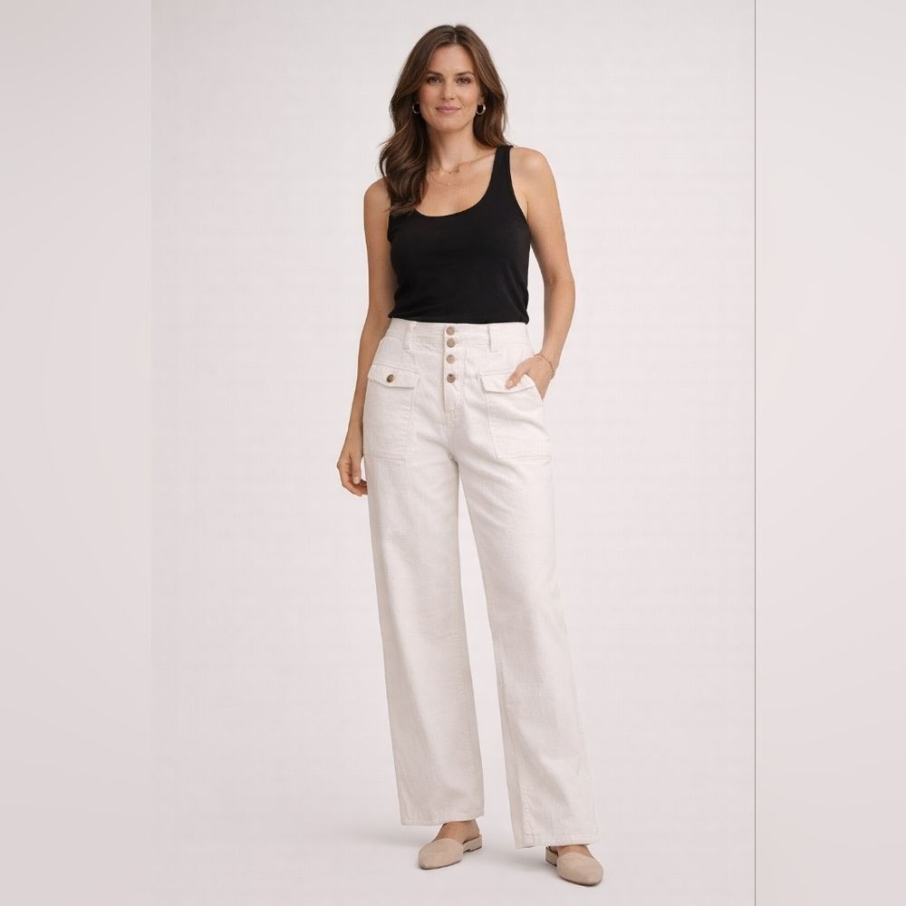 & Other Stories Corduroy Wide Leg Pants High Waist Button Front Cream White Sz 6